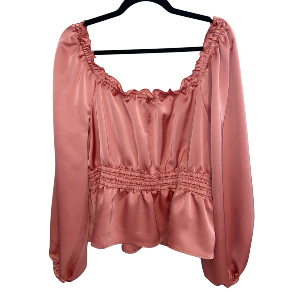 Eloquii Top Womens Plus Size 20 Pink Satin Puff Sleeve Peasant Shirt Milk Maid - Picture 2 of 9